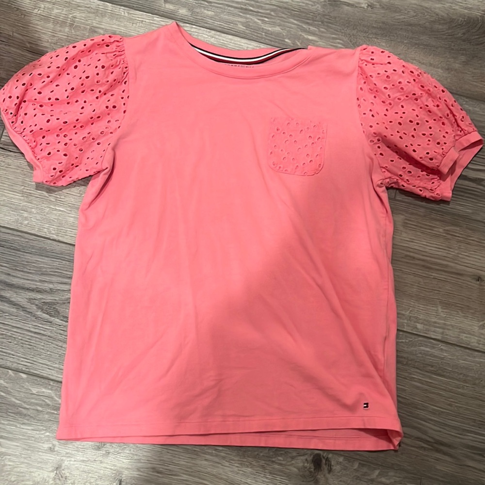 Tommy Hilfiger size small neon bright pink short sleeve top with bubble sleeves